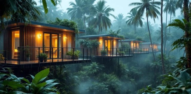 modules-prefabriques-sur-pilotis-dans-une-foret-tropicale-sous-une-pluie-douce-surfaces-mouillees-et-gouttes-deau-flaques-et-legere-brume-entre-les-palmiers-et-les-fougeres-ambiance-humide-et