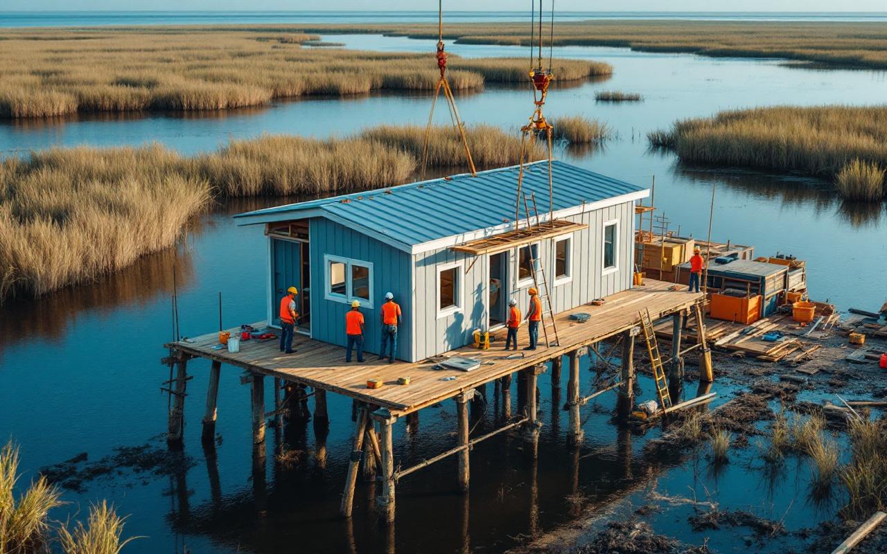 Des ouvriers assemblent un bungalow modulaire pos&eacute; sur pieux en bois au-dessus d'un terrain c&ocirc;tier mar&eacute;cageux, une grue soul&egrave;ve un module, &eacute;chafaudages et outillage visibles, lumi&egrave;re naturelle douce.