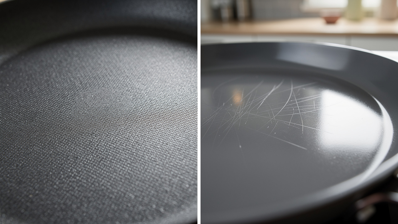 Gros plan comparatif de deux surfaces de poêles, l’une avec un revêtement titane légèrement texturé et l’autre avec un revêtement céramique lisse, toutes deux présentant de fines rayures, sur fond de cuisine moderne flou.