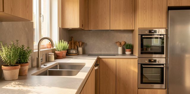 Cuisine moderne et chaleureuse avec plan de travail organisé, évier, rangements en bois, appareils électroménagers durables et lumière naturelle.