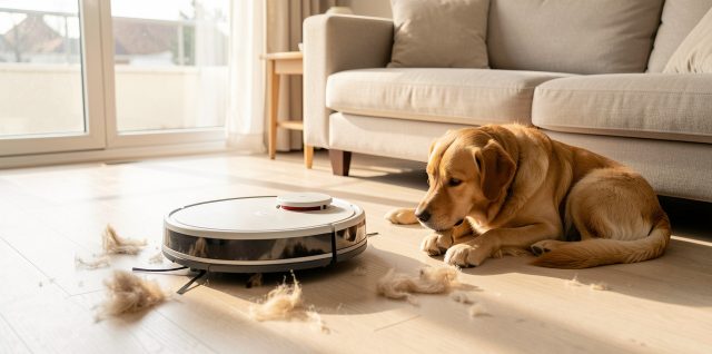 Aspirateur robot rond ramassant des poils de chien sur un parquet clair, dans un salon lumineux avec un chien couché près du canapé.