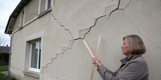 Façade d’une maison individuelle à Châtellerault présentant des fissures en escalier, tandis qu’une propriétaire les photographie avec une règle.