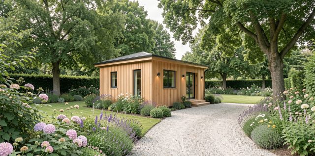 Petite maison contemporaine en bois installée dans un vaste jardin français, avec une allée gravillonnée et une lumière douce.