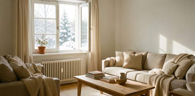 Intérieur lumineux et chaleureux d’une maison en hiver, avec une grande fenêtre ouverte et un radiateur éteint.