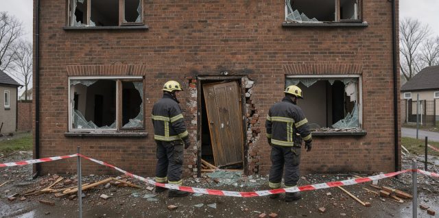 Maison individuelle endommagée après une explosion domestique, avec une rubalise de sécurité devant l’entrée et deux pompiers en arrière-plan.