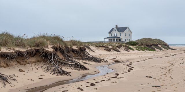Maison individuelle en bord de mer derrière une dune sableuse érodée, avec des traces de recul laissées par une tempête sous une lumière naturelle.